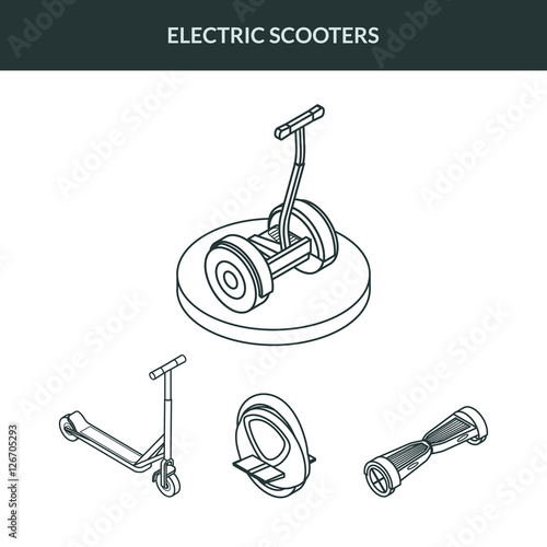 Vector illustration. Set outline icons of electric scooters. Scooter, gyroscooter, monowheel. Isometric, 3D.