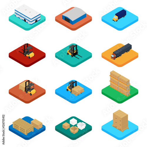 Vector illustration. Set of isometric icons storage, packaging and delivery. Warehouse, truck, forklift, pallets with boxes.