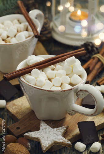 Hot chocolate with marshmallows and cinnamon.