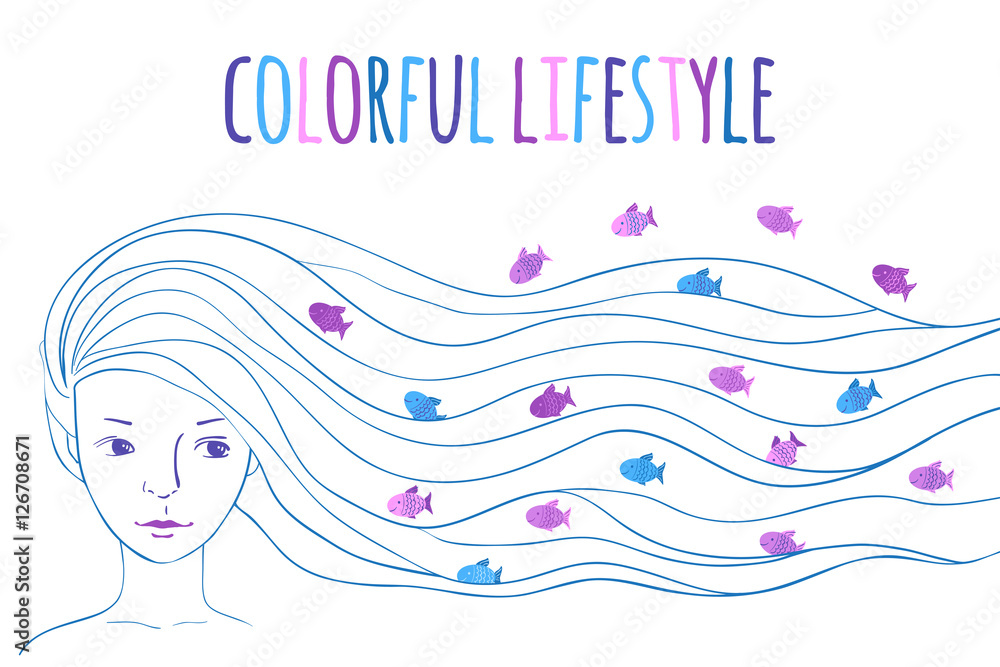 Long hair and colourful fish in the waves Long hair and colourful fish in the waves