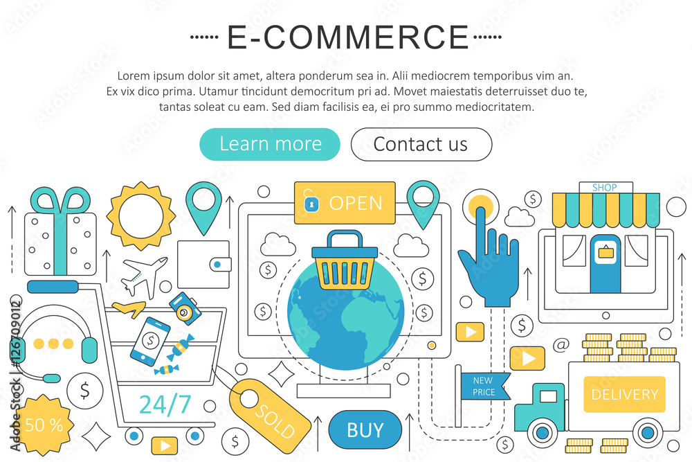Vector elegant thin flat line E-commerce concept. Website header banner elements layout. Presentation, flyer and poster. Internet mobile online commerce concept. Vector elegant thin flat line E-commerce concept. Website header banner elements layout. Presentation, flyer and poster. Internet mobile online commerce concept.