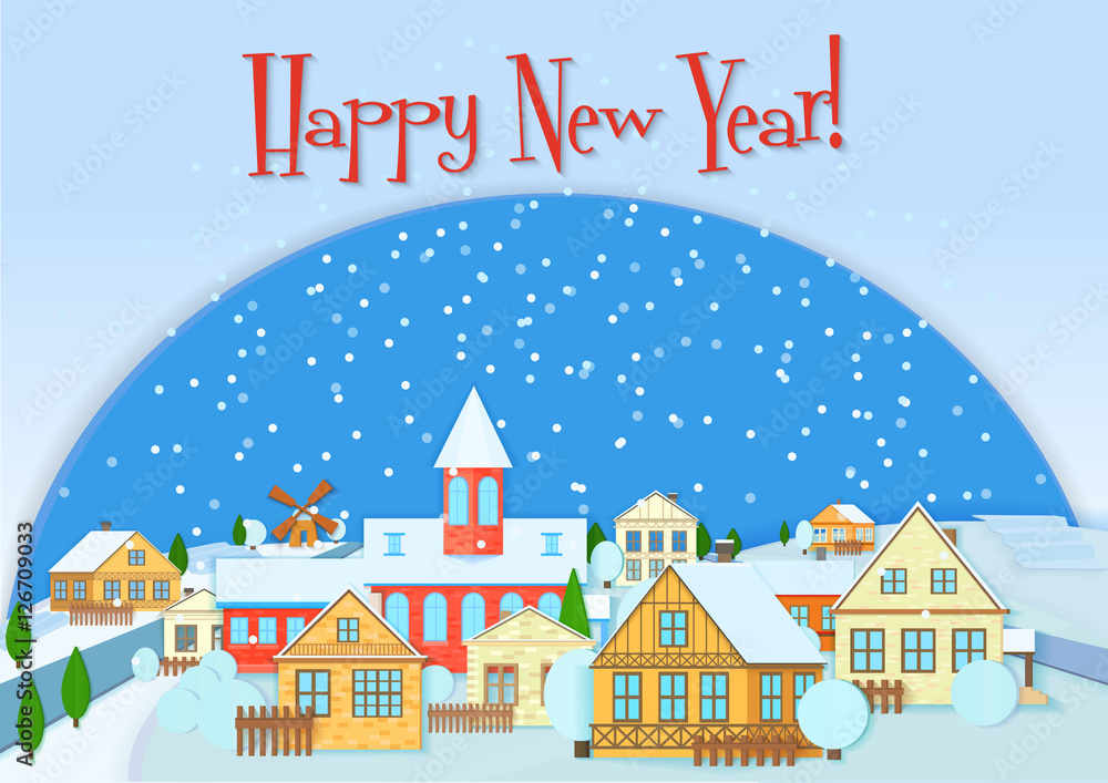 Merry Christmas vector card, cute little town in winter. Happy New Year snow village. Christmas urban and rural city landscape.