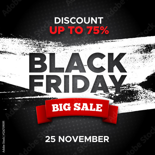 Black Friday promo vector background with red ribbon and white paint smear. Retail promotion banner design for discount offer or final clearance on holiday sales season.