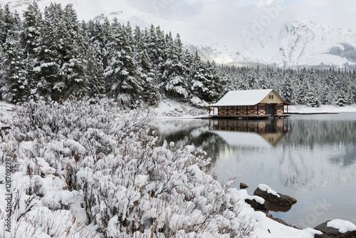 Maligne Lake boathouse in the snow, Jasper Canada
