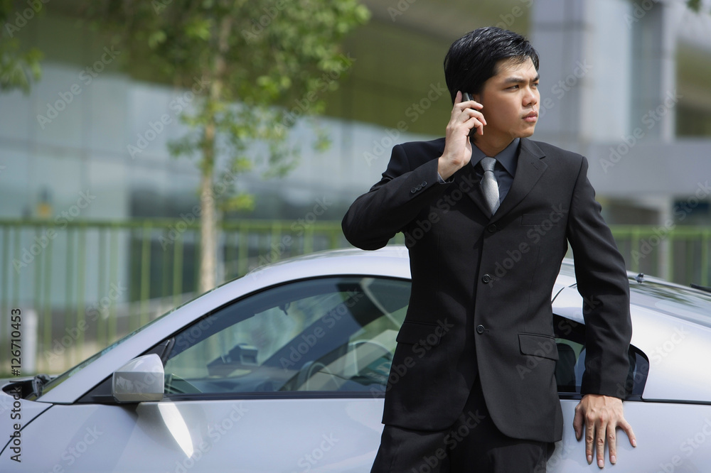 Businessman using mobile phone, leaning on car