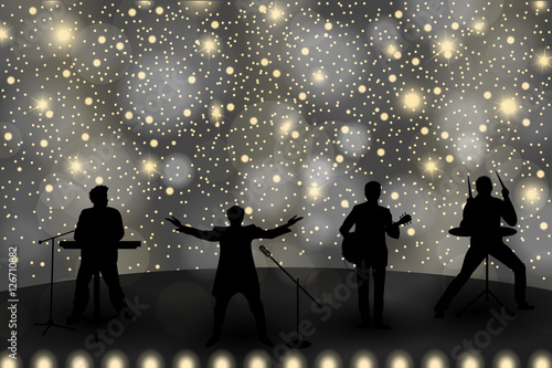 Band show concept with yellow light and stars. Set of silhouettes of musicians, singers and dancers. Vector illustration