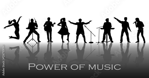 Power of music concept. Set of black silhouettes of musicians, singers and dancers. Vector illustration