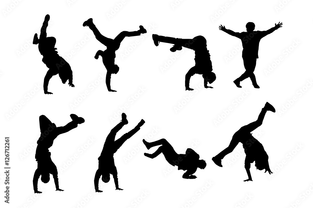 Silhouettes of breakdancers. Hip-hop male dancers vector silhouette isolated on white background