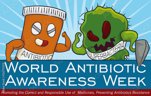 Fight Between Super Bacteria and Medicine in Antibiotic Awareness Week, Vector Illustration