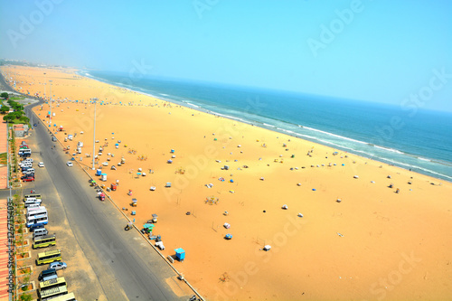 Marina beach in Chennai City, India. It is one of the popular tourist attraction in Chennai. It is longest urban natural beach in India, situated along the coast of Bay of Bengal. photo