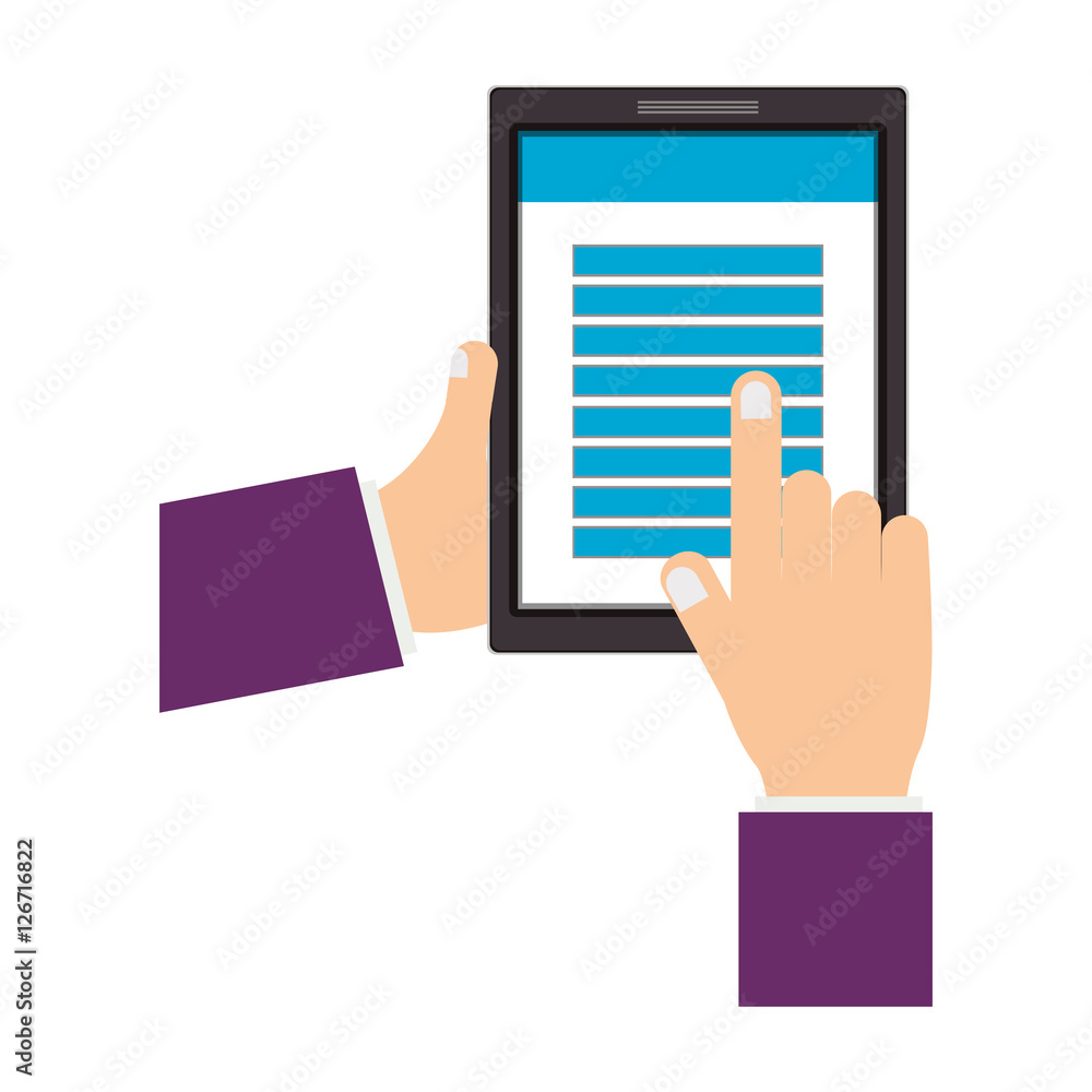 human hand touching a screen of a tablet device over white background. vector illustration human hand touching a screen of a tablet device over white background. vector illustration