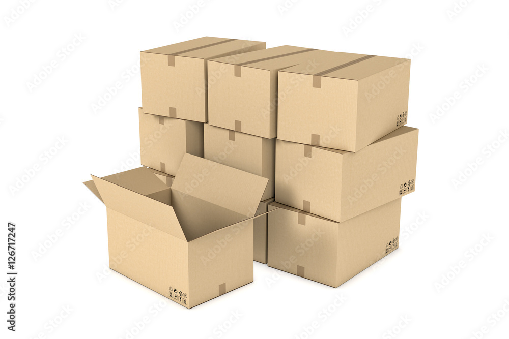 Rendering of light beige mail cardboard boxes put together and one opened box, isolated on the white background Rendering of light beige mail cardboard boxes put together and one opened box, isolated on the white background