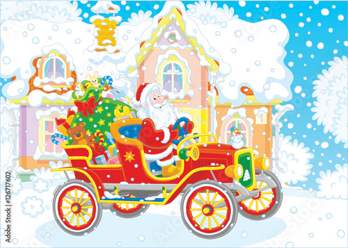 Santa Claus driving his old car with a big bag of Christmas gifts