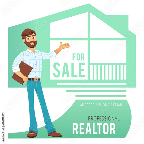 The concept of real estate services. Agent showing a house. Character man realtor with folder in hand. For the design business cards, banners and advertising.