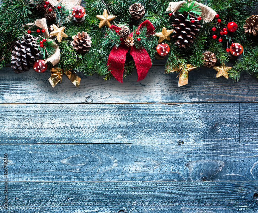 Merry Christmas Frame with real wood green pine, colorful baubles Merry Christmas Frame with real wood green pine, colorful baubles