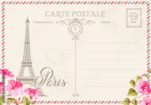 Old blank postcard with post stamps and eiffel tower with spring flowers on the top. Vector illustrtion.