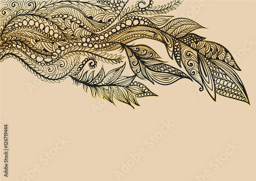 handdrawn abstract pattern with feathers in black and gold color,  on a beige background