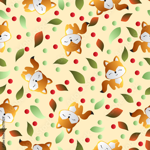 seamless pattern with smiling red fox and green leaves on a light beige background 