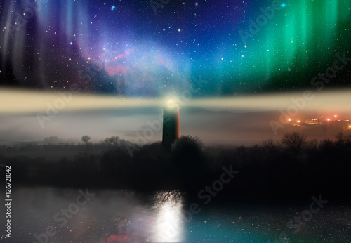 lighthouse with aurora ."Elements of this image furnished by NASA "