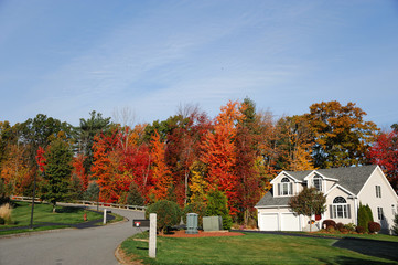 apartment building with colorful autumn trees