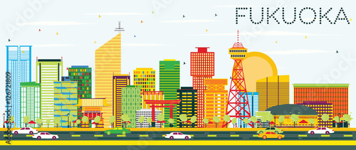 Canvas-taulu Abstract Fukuoka Skyline with Color Buildings and Blue Sky.
