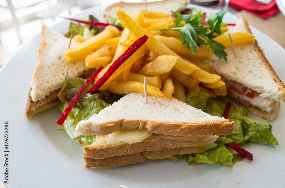 Sandwich with chicken, cheese and golden French fries potatoes