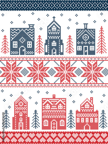 Scandinavian style and Nordic culture inspired Christmas and festive winter village pattern in cross stitch style with gingerbread house, church, little town buildings, trees and snow 
