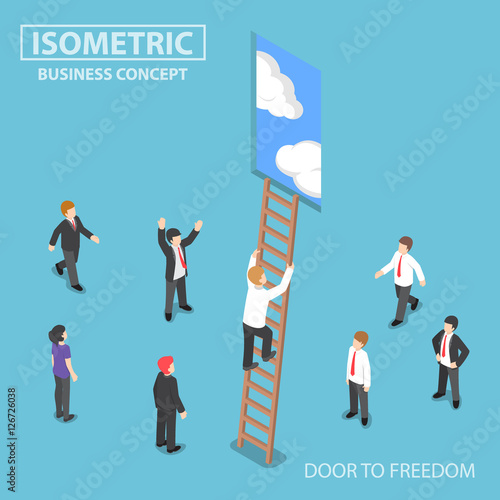 Isometric businessman climbing ladder to the door