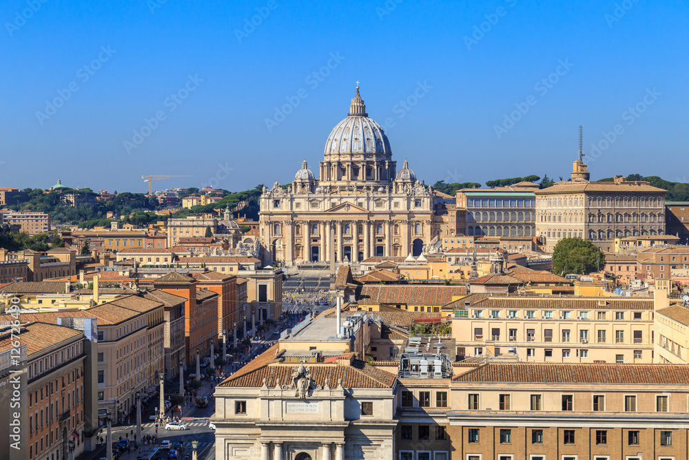 View from the castle of St. Angenl the dome and facade of the church of St. Peter in Rome