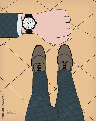 Top view illustration of gentlemen in classic fashionable checkered suit and leather shoes checking time on wrist watch. Businessman at work. Male hand, legs. Colored hand drawn ink sketch in vector