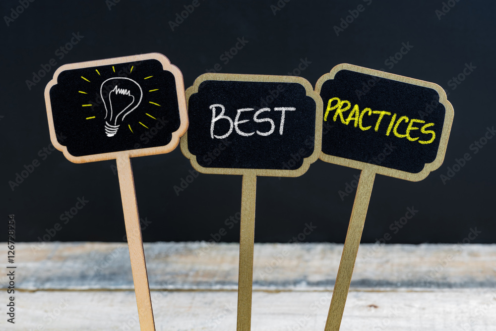 Concept message BEST PRACTICES and light bulb as symbol for idea