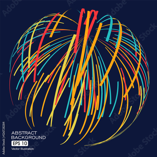 Three-dimensional sphere composed of multicolored curves, abstract graphics.