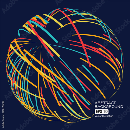 Three-dimensional sphere composed of multicolored curves, abstract graphics.