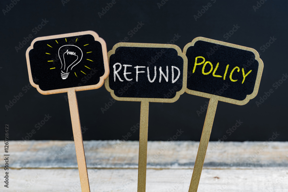 Concept message REFUND POLICY and light bulb as symbol for idea