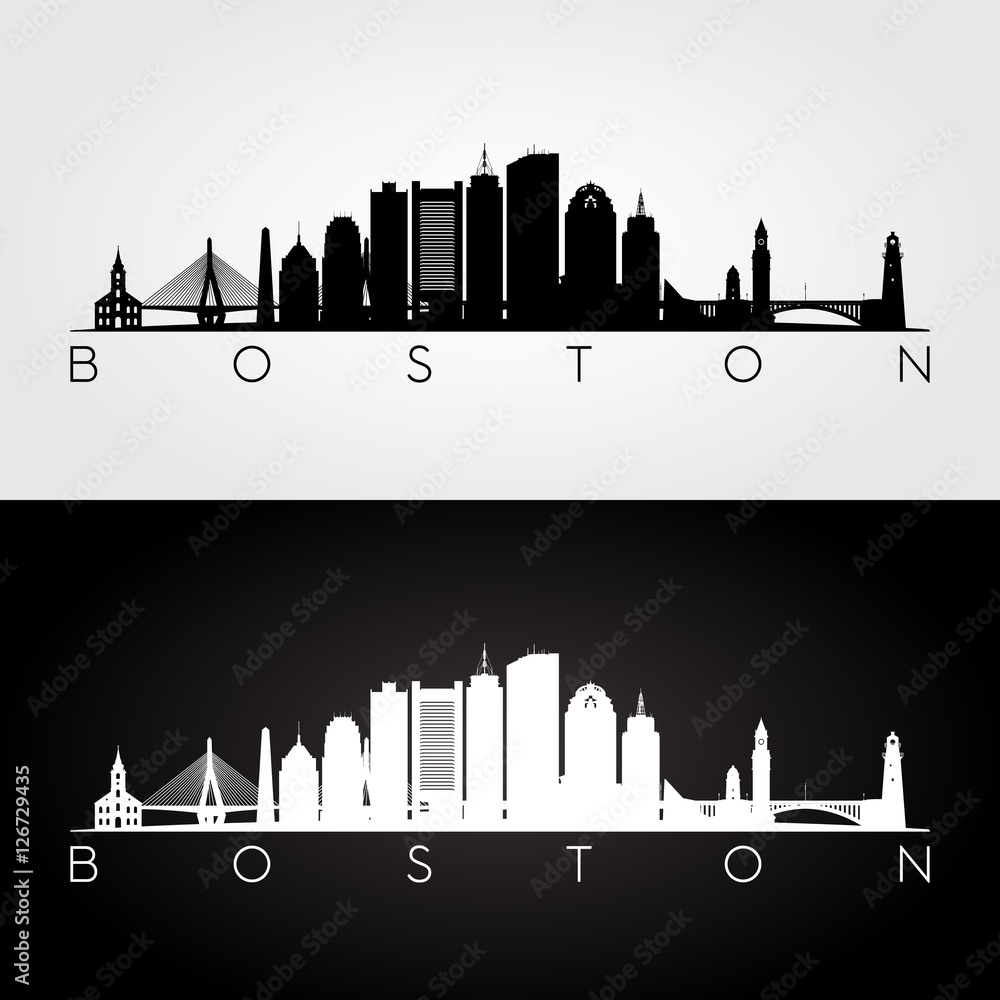 Boston USA skyline and landmarks silhouette, black and white design, vector illustration.