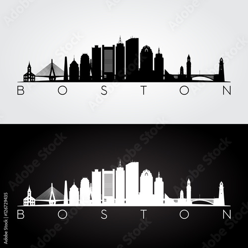 Fotomurale Boston USA skyline and landmarks silhouette, black and white design, vector illustration