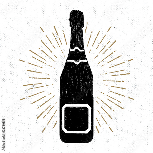 Hand drawn party icon with textured champagne bottle vector illustration.