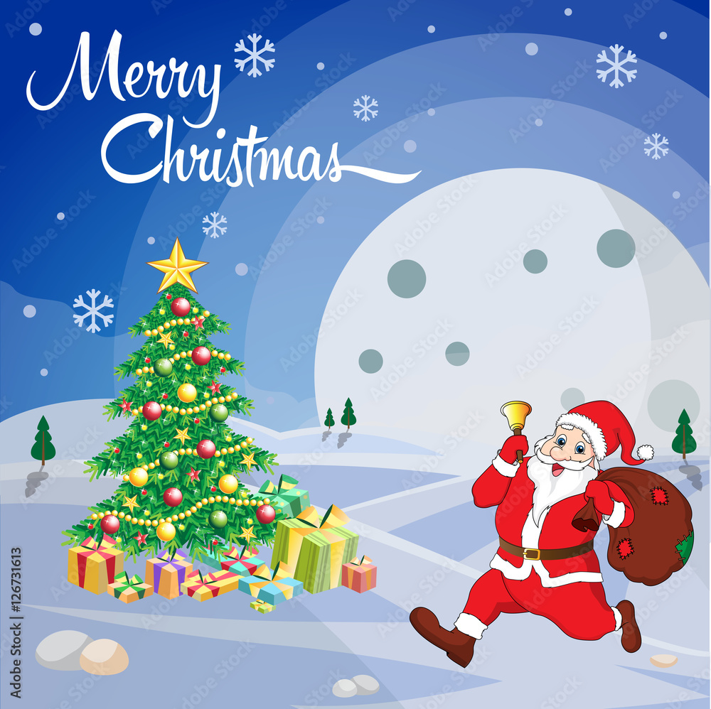 Merry Christmas greeting card with Santa Claus and gift decorated ...