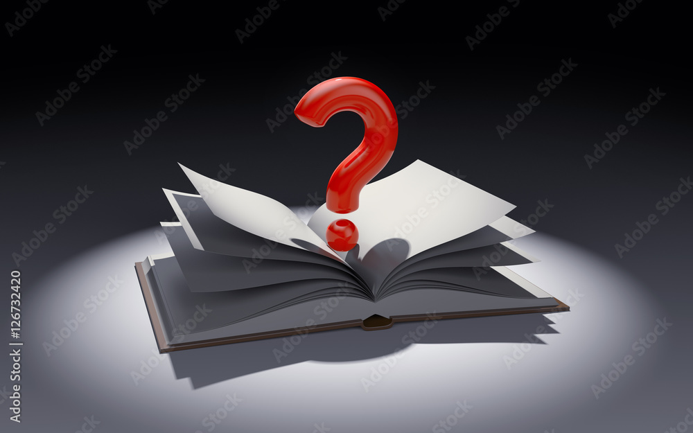 Open Questions Pictures Open book with question mark in the spot of light. 3d illustration ...
