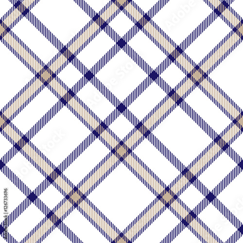 Seamless tartan plaid pattern. Vector checkered wallpaper print. Tartan design in light beige brown & indigo blue stripes on white background.