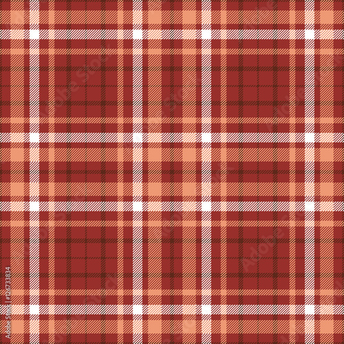 Seamless tartan plaid pattern. Vector checkered wallpaper print. Tartan design in pale orange, white & brown stripes on dark red background.