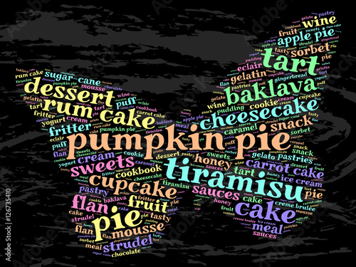 Pumpkin pie. Word cloud, butterfly, grunge background.  Food concept.