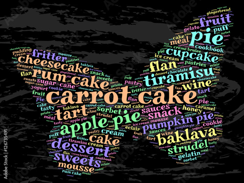Carrot cake. Word cloud, butterfly, grunge background.  Food concept.