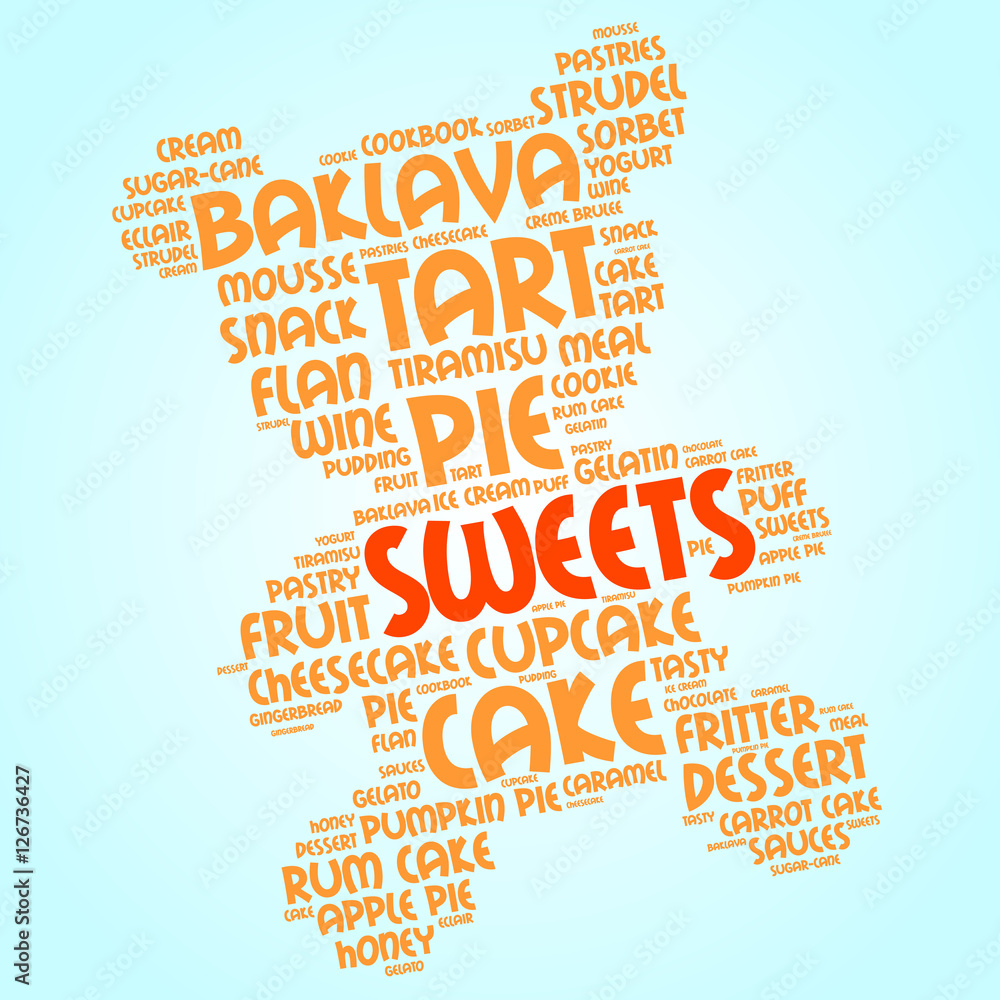 Plakat Sweets. Word cloud, teddy bear, gradient blue background. Give the gift of joy.