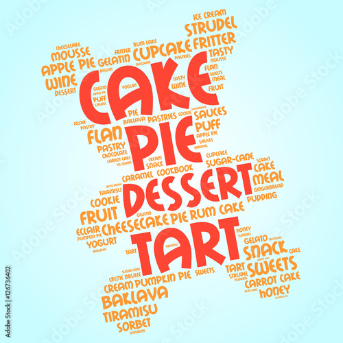 Cake. Word cloud, teddy bear, gradient blue background. Give the gift of joy.
