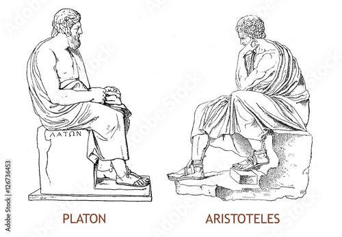 Statues of Platon and Aristoteles, vintage engraving photo