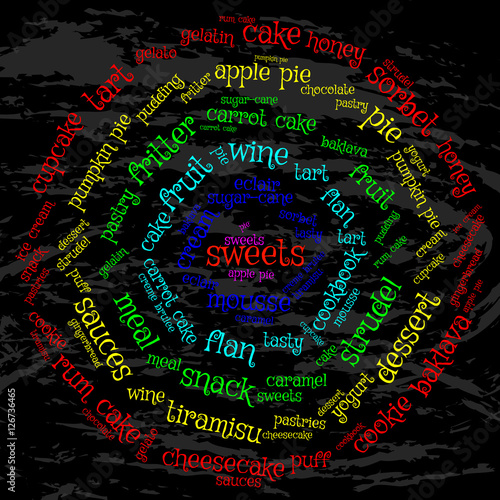 Sweets. Word cloud, circle Maya, grunge background. The magic of food.