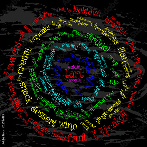 Tart. Word cloud, circle Maya, grunge background. The magic of food.