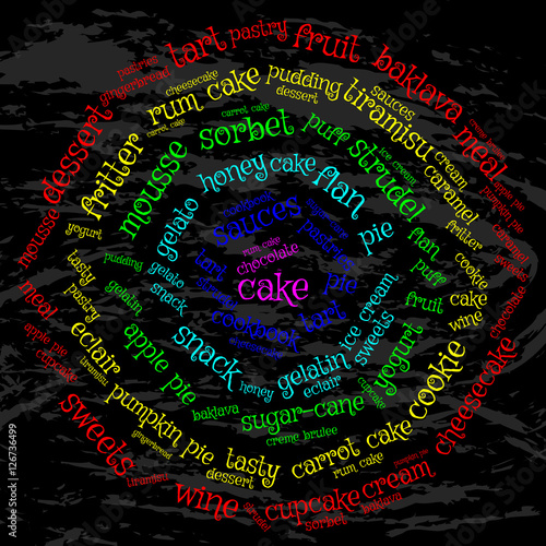 Cake. Word cloud, circle Maya, grunge background. The magic of food.