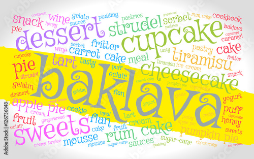 Baklava. Word cloud, yellow stripe, gradient grey background. Food concept.